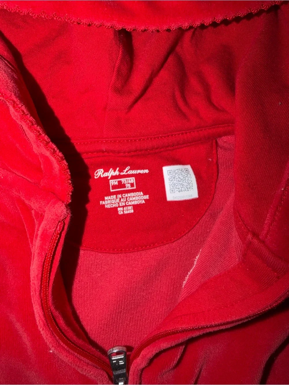 Ralph Lauren Baby Girls Red Velour Peplum Hoodie & Pants Set 9M